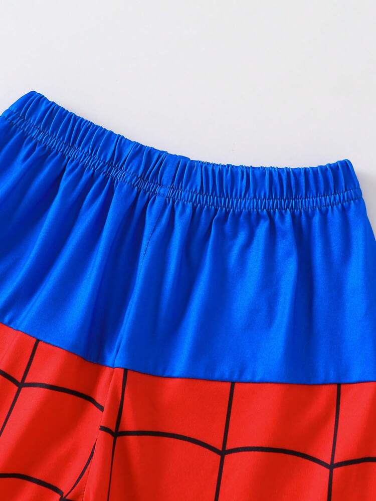 Conjunto de camiseta de manga corta con cuello redondo y pantalones cortos con diseño de telaraña de color block, elegante y casual para niños pequeños, adecuado para el verano - Multicolor - Añade 10