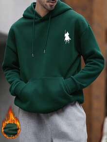 K-GLORY 男士抓绒连帽衫，新款秋冬街头风马术元素印花套头卫衣 - 綠色 - 查看 2