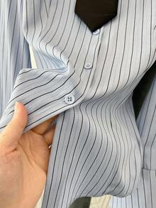 Spring Women's Collared Striped Cinching Waist Blouse With Flared Sleeves, Valentine's Day