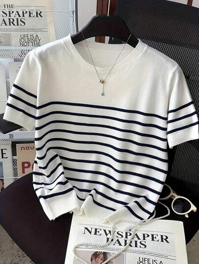 新款夏季休闲条纹撞色圆领短袖针织女式上衣