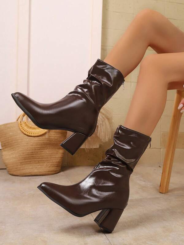 Women's Fashion Pointed Toe Elegant Pleated Winter Dress Boots, Zipper Back, Chunky Heel, Versatile Mid-Calf Boots