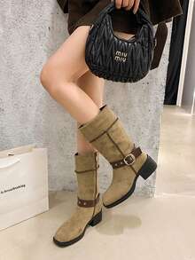 Western Style Buckle Holiday Mid-Calf Boots For Women, Color Block, Leather Strap Decor, Woven Mid-Heel, Metal Grommet, Side Zipper, Warm For Autumn/Winter