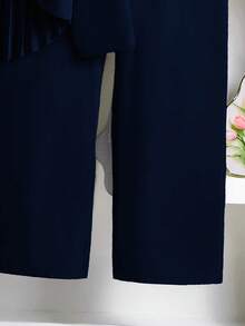 Left Mama 女童休闲百褶长袖衬衫和直筒裤套装，春秋 - 藏蓝色 - 查看 7