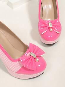 Giày cao gót mũi tròn đính đá ren trắng mới thu 2024, đế dày chống thấm nước, đế xuồng, đế dày, đế xuồng ... - Hồng - Xem 7