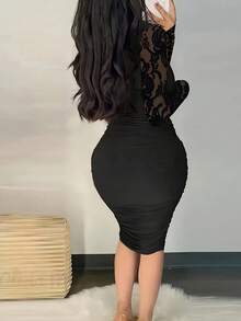 Elegant Black Lace Patchwork Sleeve Bodycon Dress For Spring/Summer Can Wear Be Party - Black - View 2