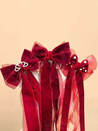 1 Pc Children's Long Ribbon Bow Crown Pearl Hair Clip, Girls' Braided Hairpin, Princess Headwear, New Year Red Hair Accessory