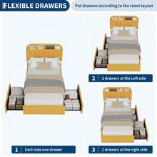 Twin/Twin XL/Full/Queen Size Platform Bed Frame With Storage Headboard & 2 Drawers, Upholstered Cute Platform Bed With Bookcase, Sturdy Wooden Slats Support, No Box Spring Needed, Noise Free - 黃色雙胞胎 - 查看 4