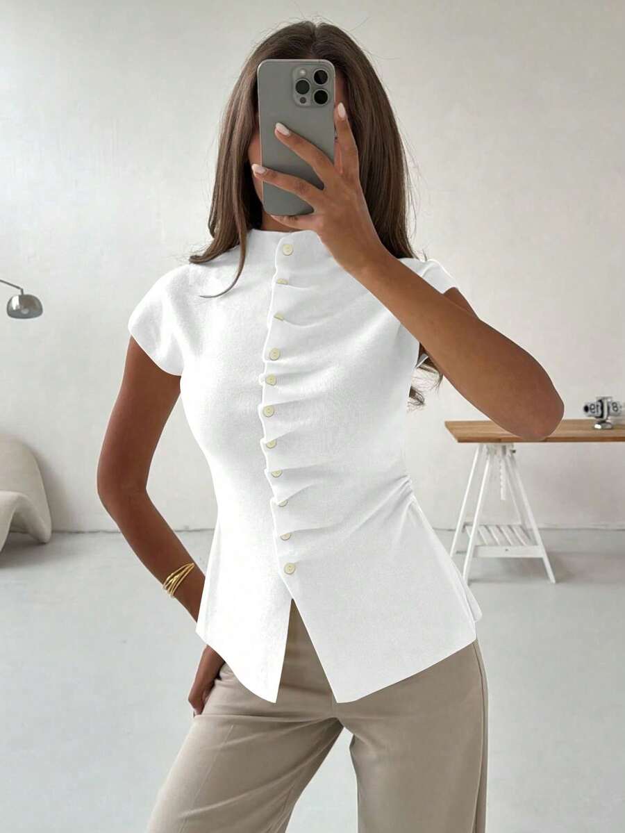 FOR BEAUTY Spring And Summer New White Round Neck Button Folding Placket Short Sleeved Knitted Cardigan Women's Slim Fit Daily Casual Commuting Thin Sweater White Tops