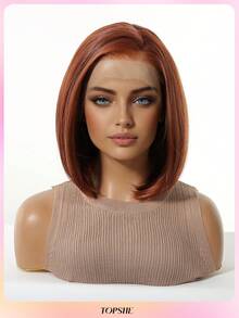 [Velvet Locks]New 13*4 Glueless Front Lace 13 Inch Burgundy Short Straight Wig, Fashionable Women No Bangs, Pre-Trimmed, Heat-Resistant Synthetic Hair, Soft And Smooth, Suitable For Beginners Daily Wear, Y2K Style, Party, Cosplay, Dance, Travel, Festival - 酒紅色 - 查看 4