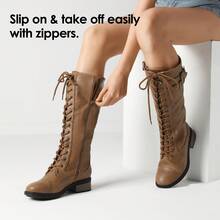 Women's Knee High Riding Combat Boots Side Zipper Motorcycle Boots Outdoor Casual For Fall And Winter - 駝色 - 查看 5