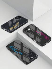 1pc Customized Mirror Transparent Solid Color Cute Heart Shape Text Personalized Phone Case, Compatible With IPhone 11 12 13 14 15 16 Pro Max - Black - View 3