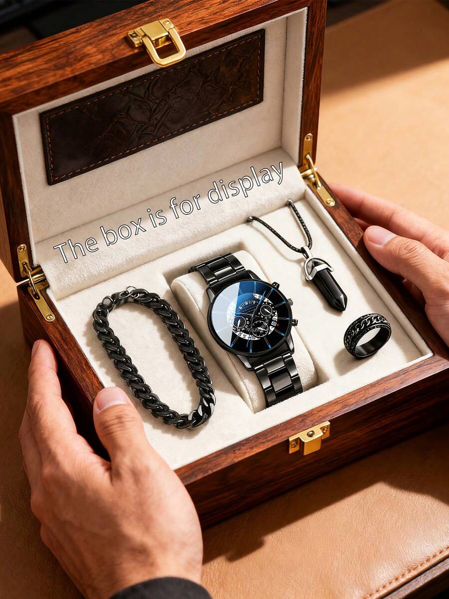 这款四件套腕表套装包含一块多功能石英表、一条黑色链式手链、一条银色项链和一枚男士戒指。时尚的套装采用全黑设计，搭配金属链条元素，散发出酷炫时尚的魅力。适合各种场合，例如圣诞派对、新年聚会和日常出行。 - 黑色 - 查看 1