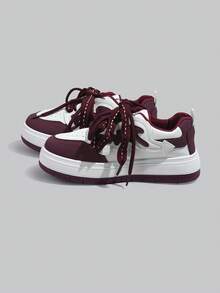 DareSee 女士低帮透气帆布运动鞋，系带休闲平底鞋，适合上学穿着，简约时尚，酒红色，圣诞礼物 - 紅色 - 查看 5