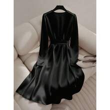 Satin + Belt Decor Long Sleeve Midi Dress - Black - View 2