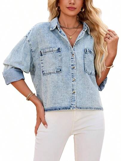 Blusa de mezclilla recortada de manga larga con botones y bolsillos, ajuste cómodo, estilo casual, moda actual