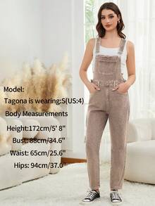 Dark Blue Washed Adjustable Strap Slim Waist Denim Bib Overalls For Women - Khaki - View 8