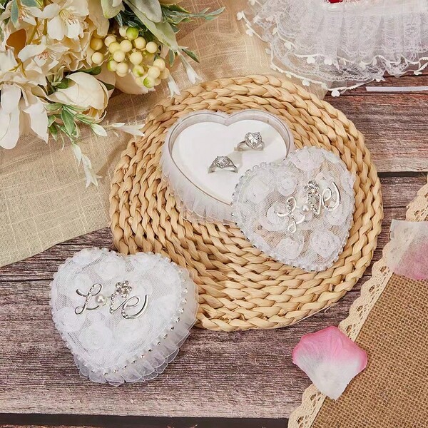 1pc Romantic Heart-Shaped Ring Box, White Lace Love Letter Bride Bridesmaid Ring Box, Storage Box, Wedding Decor (Ring Not Included), Suitable For Any Wedding