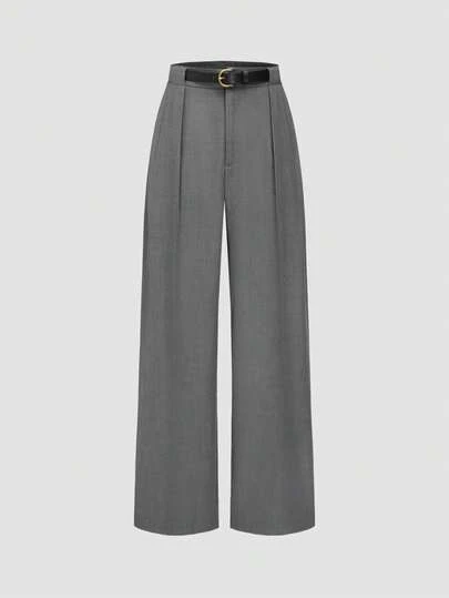 מכנסיים ישרים אלגנטיים בצבע אחיד עד מותן בינוני עם חגורה