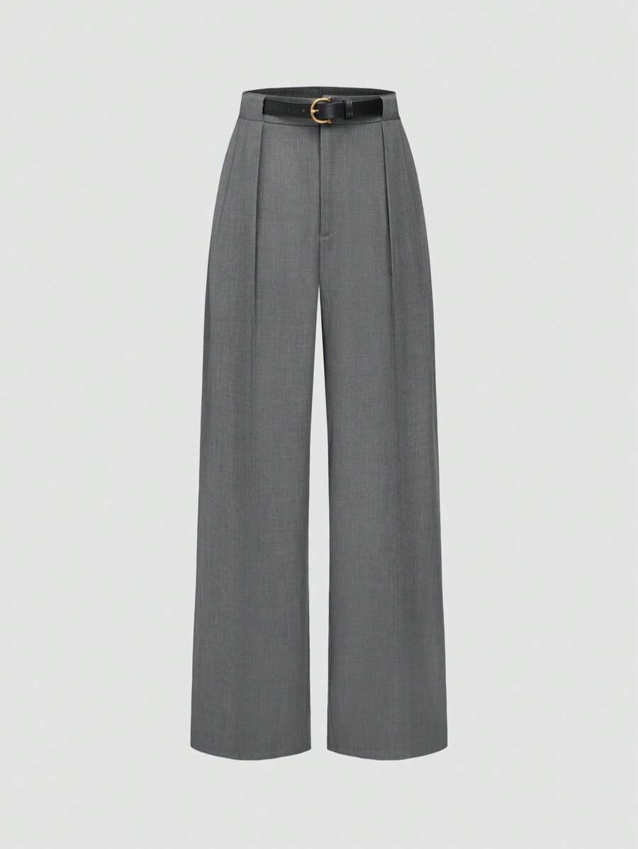 中腰纯色优雅直筒裤（配腰带） - 灰色 - 查看 1