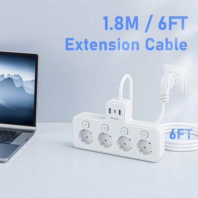 PASSUS 7-In-1 EU Power Strip, With 4 AC Outlets | Equipped With Independent Switches, 2 USB Ports And 1 Type-C Port, 1.8M Extension Cord, Charges Multiple Devices Simultaneously | Suitable For Home, Office, Travel And Study Scenarios, White