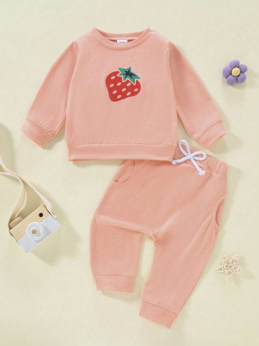 Toddler Clothes For Baby Girls Cute Strawberry Long Sleeve Sweatshirt Pants Girls Warm Outfits Set - Pink - View 1