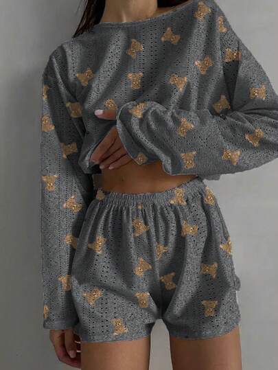 Nina Bonheur 2件套女士舒适半镂空小熊印花长袖上衣和短裤睡衣套装 - 可爱圆领上衣+侧开衩短裤家居服，秋冬服装