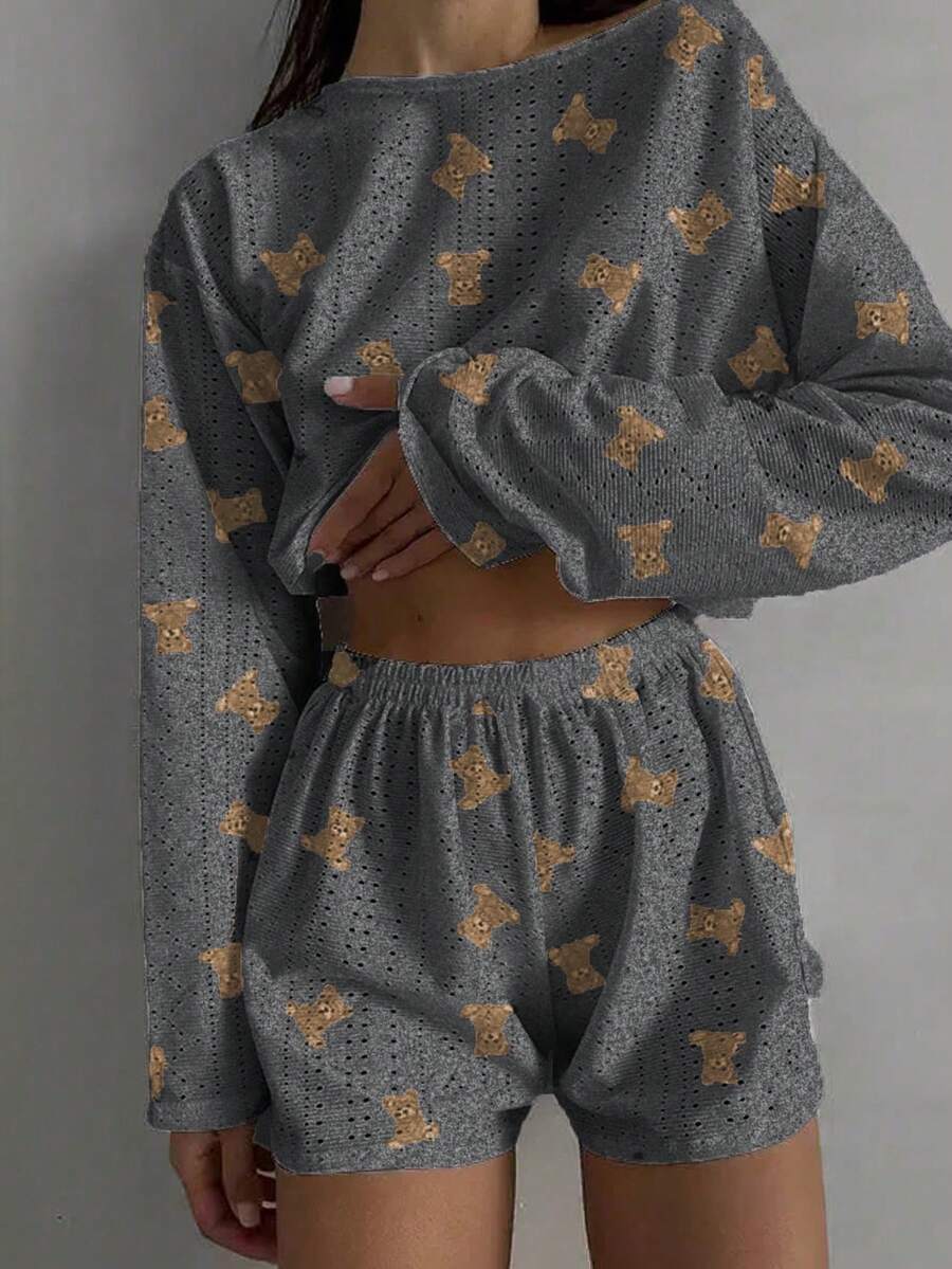 Nina Bonheur 2件套女士舒适半镂空小熊印花长袖上衣和短裤睡衣套装 - 可爱圆领上衣+侧开衩短裤家居服，秋冬服装