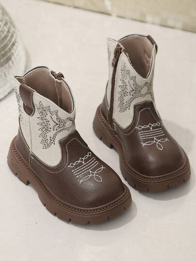 1 Pair Baby/Toddler/Kids Embroidered Western Style Comfortable Lightweight Flat Boots, Suitable For Daily & Outdoor Wear, Autumn/Winter