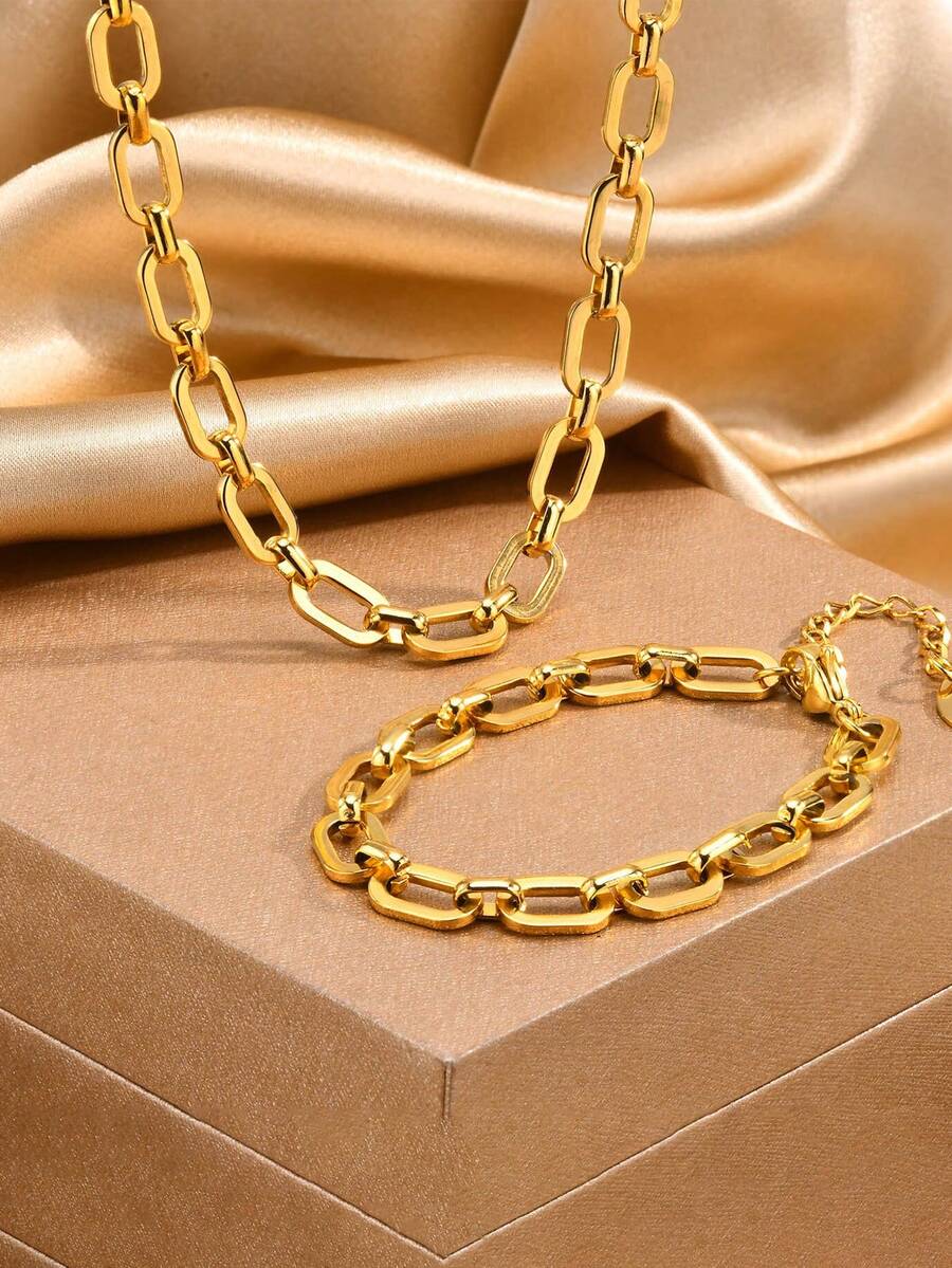 1 Set Fashionable Versatile Handmade Chain Design Stainless Steel Necklace + Bracelet Jewelry Set, Suitable For Holiday Gifts - Yellow Gold - View 1