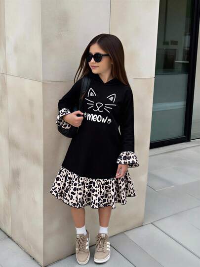 Vestido de punto de manga larga con estampado de gato y digital para niñas, con borde con estampado de leopardo, estilo casual para primavera/otoño