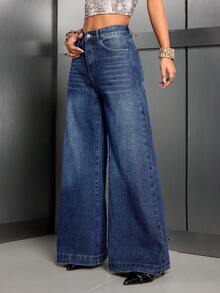 ARWY纯色休闲高腰阔腿牛仔裤，宽松直筒做旧牛仔裤，适合休闲、旅行、机场、日常穿着、节日（独立日、万圣节、圣诞节、狂欢节）、返校季等场合。 - 深色水洗藍 - 查看 1