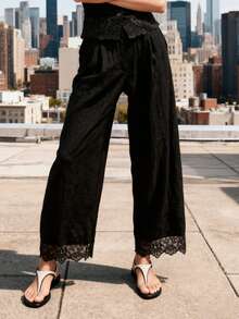 Womens Spring Fall Pants Lace Trim Casual Loose Fit Stylish Solid Color Mid Rise Straight-Leg Trousers - Black - View 1