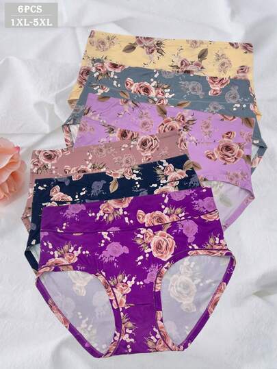 6 piezas de ropa interior de mujer de talla grande de seda de leche suave con estampado de rosas
