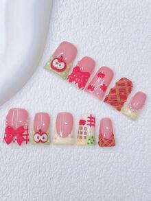 10pcs Y2K Nails Unique Set - Handmade Green Nails, Pink Nails, Red French Nails, Handmade 3D Apple And 3D Waffle Nail Art - Nhiều màu - Xem 11