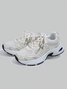 DareSee 秋冬新款女士休闲运动鞋，厚底运动鞋，白色鞋，情侣款，圆头系带，网布和皮革拼接，透气，百搭，印花和涂鸦，学院风，户外徒步休闲通勤鞋，圣诞礼物