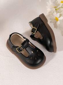 1pair Toddler Kids Korean Style Hook And Loop Non-Slip Soft Bottom Imitation Leather Shoes - Black - View 4