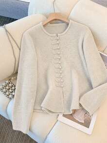 Solid Color Knitted Front Button Drawstring Casual Elegant Chinese Style Solid Color High-End Buttoned Sweater & Midi Skirt Set - Apricot - View 2
