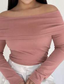 Long-Sleeved Off-The-Shoulder Blouse With Ribbed Detailing, Autumn/Winter Fashion. - 乾枯玫瑰色 - 查看 2