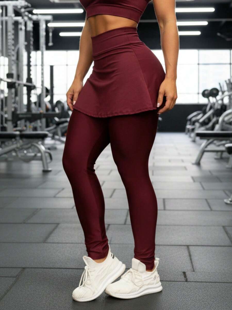 High Waist Gym Leggings With Skirt - Màu Đỏ Sâu - Xem 1