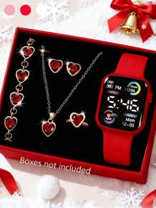 6/1pc Fashionable & Cute Teenage Digital LED Screen Watch & Jewelry Set, Necklace, Bracelet, Earrings, Ring, Gift For Friends, Suitable For Gatherings, Festivals, Parties, Valentine's Day, Christmas, Thanksgiving, Gift For Mom