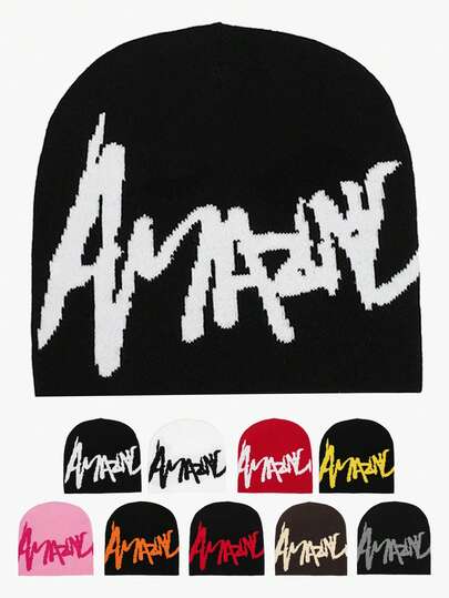 1pc Men's Letter Jacquard Spider Web Knit Beanie Hat, Outdoor Streetwear Winter Gear