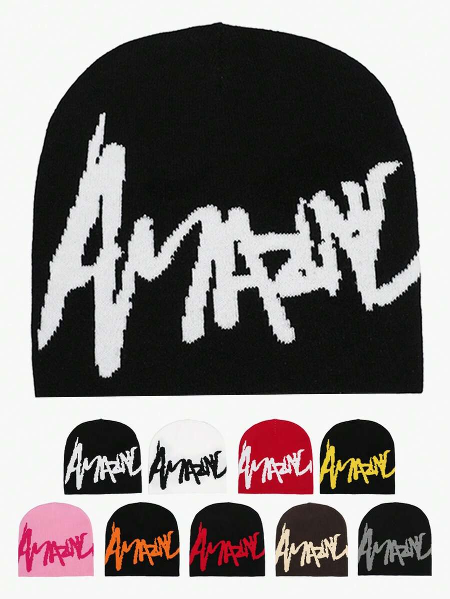 1 件男士字母提花蜘蛛网针织帽，户外街头便帽秋季装