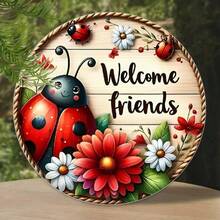 1pc Rustic Ladybug Welcome Sign – Charming Garden-Style Wall Hanging With Colorful Flowers & Vibrant Illustrations - 彩色 - 查看 1