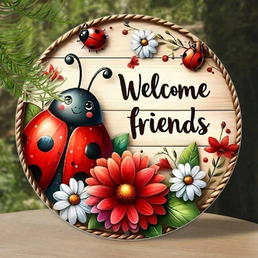 1pc Rustic Ladybug Welcome Sign – Charming Garden-Style Wall Hanging With Colorful Flowers & Vibrant Illustrations - 彩色 - 查看 1
