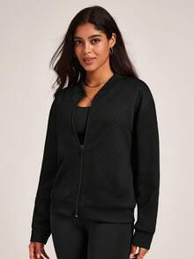 VUTRU Loose Fit Crew Neck Long Sleeve Sweatshirt, Zip-Up Baseball Jacket, Casual Everyday Wear - Black - View 4