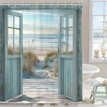 Blue Beach Barn Door Shower Curtain - Coastal Ocean Seaside Rustic Farmhouse Design, Anti-Wrinkle Polyester Fabric With Hooks, Easy Wipe-Clean Bathroom Decor, Beach Bathroom Decor, Ocean View Decor, Wood Plank Pattern - 彩色 - 查看 2