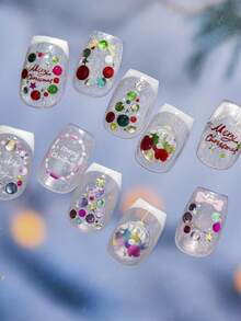 1PC Jelly Colorful Christmas Wreath Press-On Nail Stickers Festive Tree Bow 5D Nail Art With Multi-Dimensional Holiday Playful Seasonal Self-Adhesive Nails For Women's Merry DIY Manicure Decals