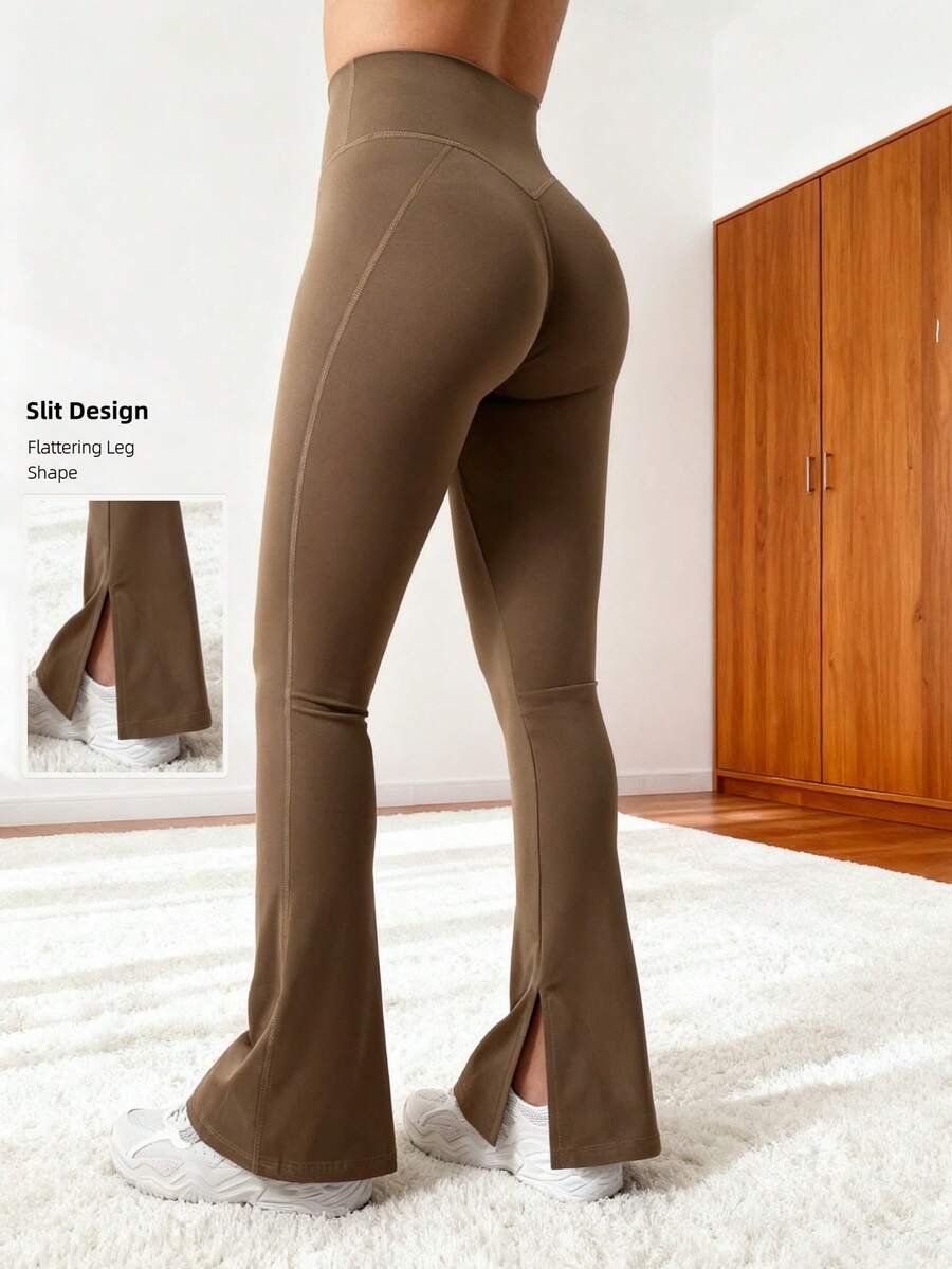 YEOREO Flare Split Hem Leggings For Women Tummy Control Workout Leggings Nasreen Hidden Scrunch Bootcut Gym Yoga Pant Yoga Pants For Women Winter Clothes For Women Black Pants - 咖啡 - 查看 1