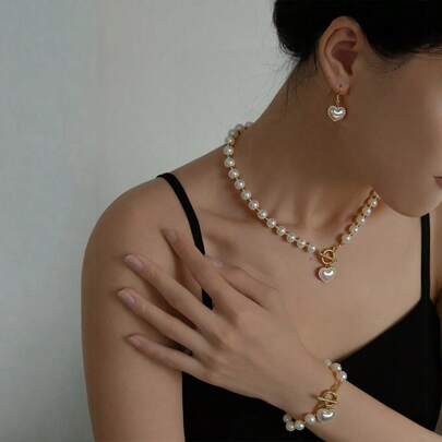 1 Set Elegant Classic Faux Pearl With Crystal Decor Necklace, Earrings, Bracelet Jewelry Set