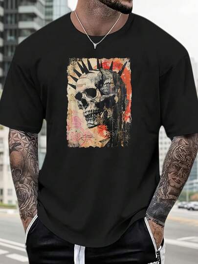 Retro style skull pattern creative pattern T-shirt-good gift for family and friends-4C325-100% cotton four seasons comfortable round neck men's short sleeve